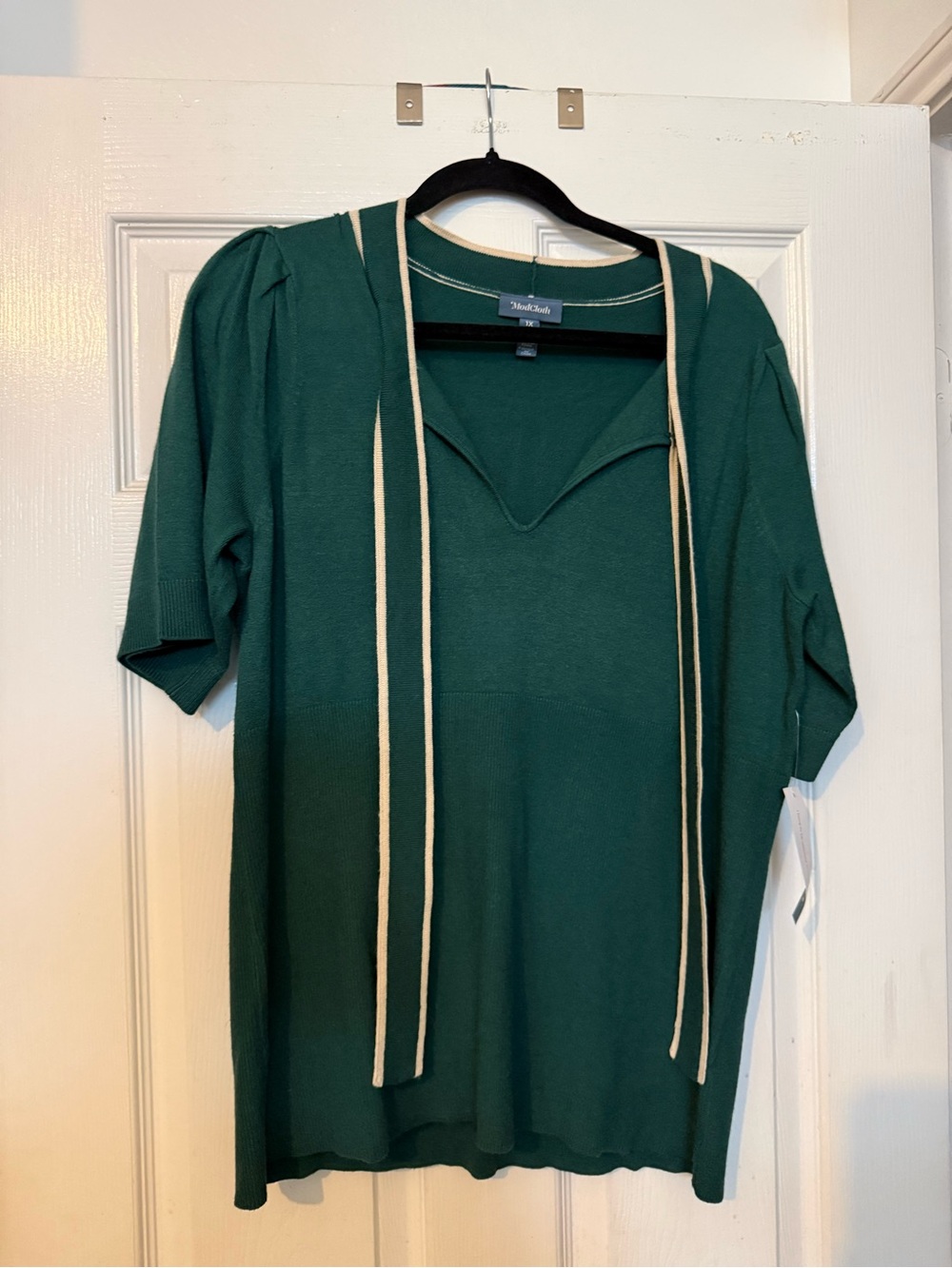 Modcloth Emerald Green Tie-Neck Knit Tunic with Cream Stripes